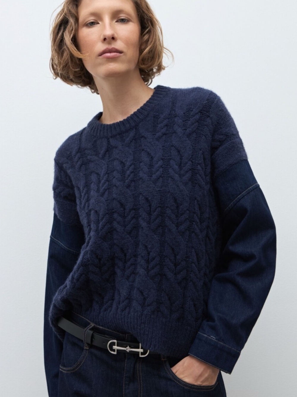 Zara Navy Knit & Denim Sweater